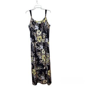 Susan Graver Size LP Maxi‎ Dress Stretch Sleeveless Elastic Waist Black Floral